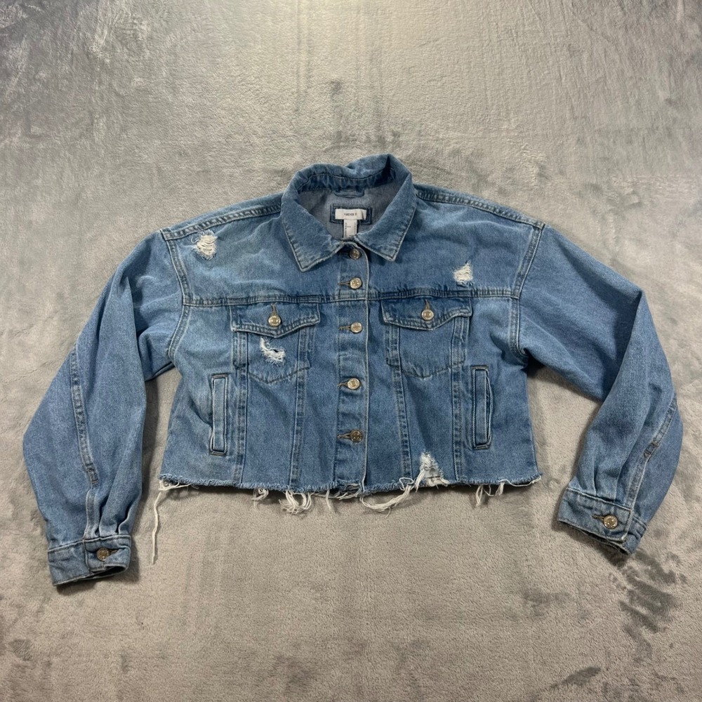 Forever 21 Denim Jacket Womens Small Light Wash‎ Distressed Cropped Casual Fall
